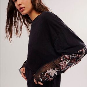 Free people Embroidered Black Top with Floral Sleeves